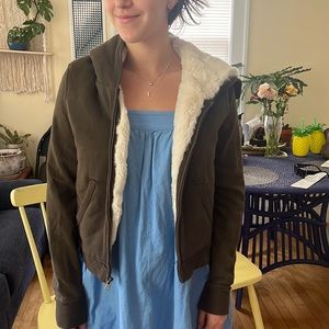 Dark Green Fur-lined Zip Up- Cropped